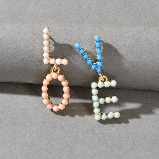 Asymmetrical Candy Color Beaded LOVE Letter Stud Dangling Elements Earrings Gift