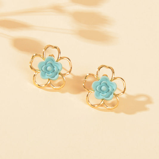 Delicate Blue Resin Flower Gold Hollow Hypoallergenic Stud Dainty Earrings Gift