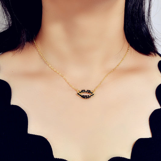 Gift Jewellery Valentine's Day Gold Chain Rhinestone Love Lips Pendant Necklace