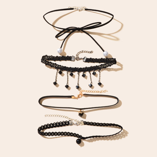 4 pcs Punk Vintage 90s Black Hollow Lace Bow Tassel Charm Tattoo Choker Necklace