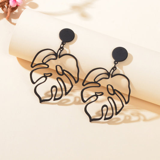 Pierced Abstract Geometric Black Leaf Hollow Statement Earrings Plant Stud Gift