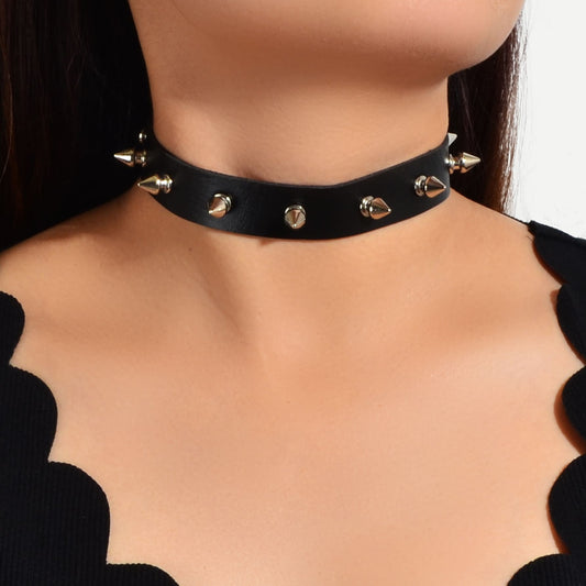 Have one to sell? Sell it yourself Punk Rock Spike Decor Black Pu Leather Belt Design Adjustable Choker Necklace