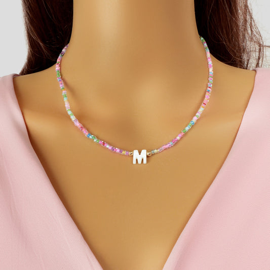 Bohemian Handmade Rainbow Seed Beaded Hawaiian Letter M Necklace Beach Jewellery