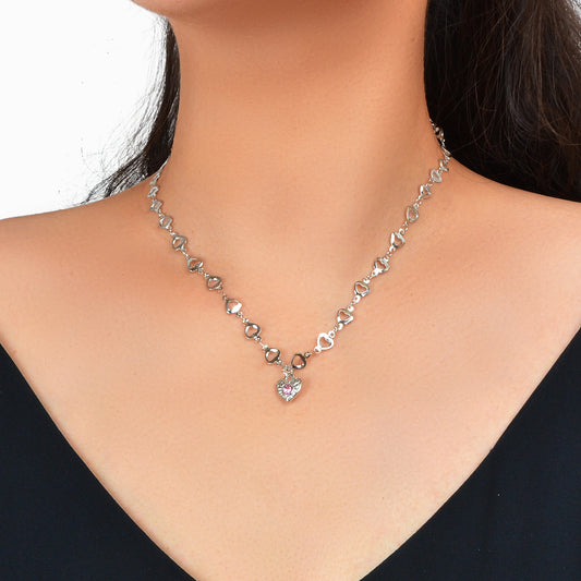 Birthday Anniversary Jewelry Titanium Steel Pink Rhinestone Heart Charm Necklace