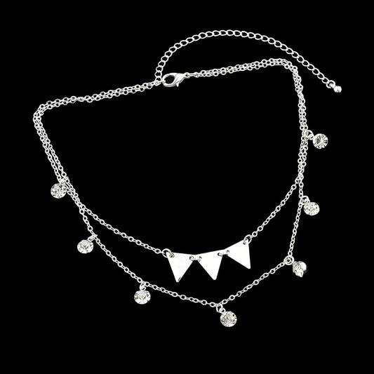 Trendy Jewellery Double layer Silver Chain Rhinestone Triangle Pendant Necklace