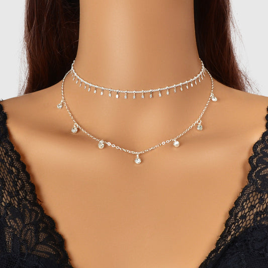 2 pcs Rhinestone Charm Layering Chain Necklace Personalized Women Choker