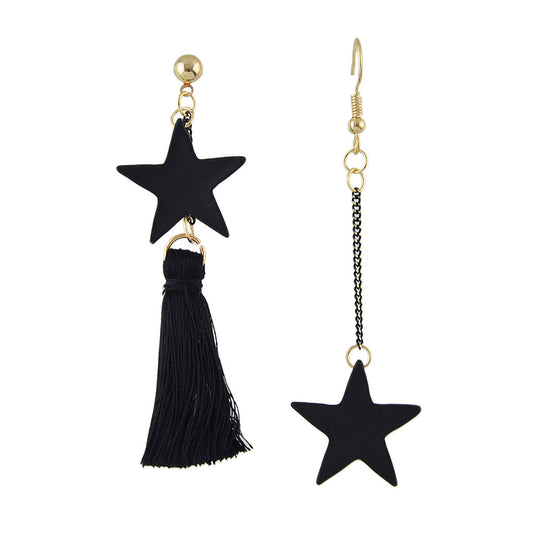 Bohemian Jewelry Black Chain Star Charm Tassel Asymmetric Ethnic Style Earrings