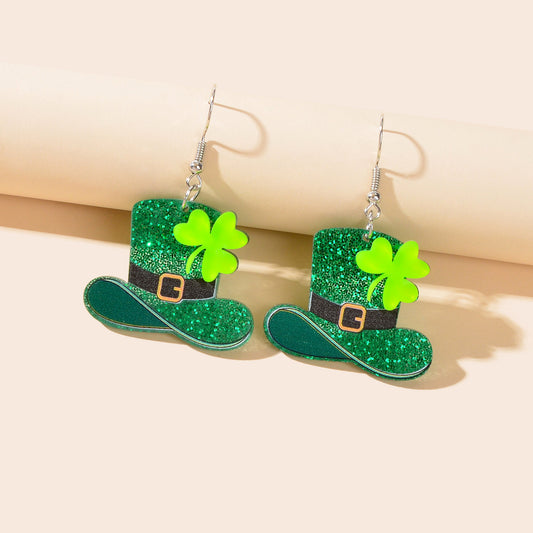 Acrylic Green Clover Hat Pendant Earrings St. Patrick's Day Festival Jewellery