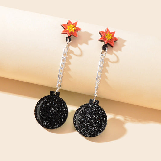 Shiny Long Silver Chain Acrylic Black Bomb Design Charm Party Nightclub Earrings