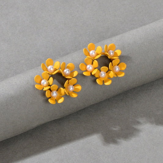 Delicate Pearl Decoration Yellow Flower Stud Hypoallergenic Small Women Earrings