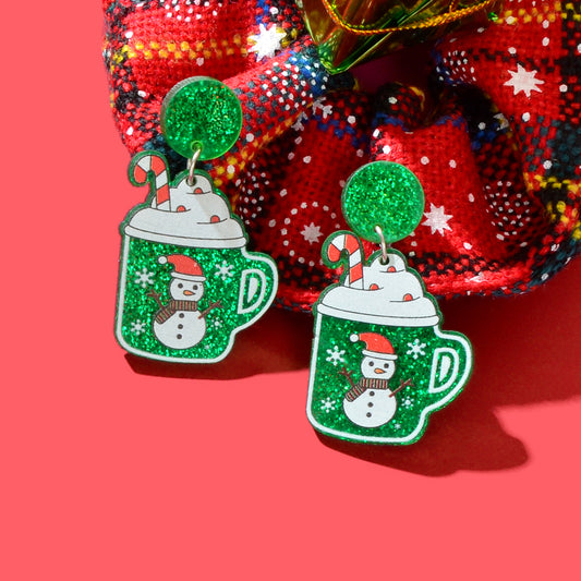 Christmas Sparkling Snowman Candy Cane Pattern Green Ice Cream Cup Earrings Gift