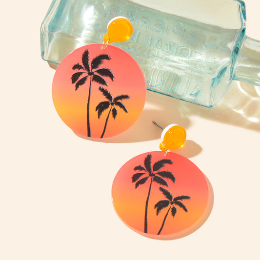 Boho Chic Coconut Tree Pattern Round Orange Acrylic Dangle Earrings for Holiday