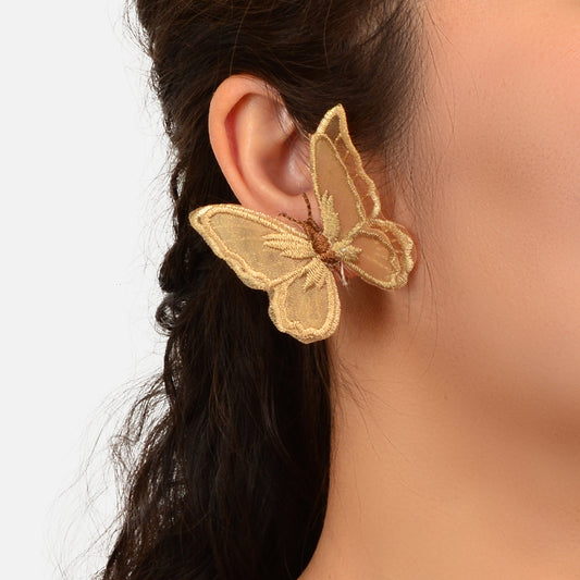 Exquisite Boho Holiday Handmade Khaki Embroidery 3D Butterly Stud Earrings Gift