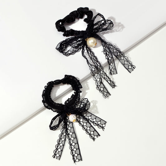2pcs Black Lace Bead Elastic Bowknot Hair Ties Ropes Women Girl Hair Accessories