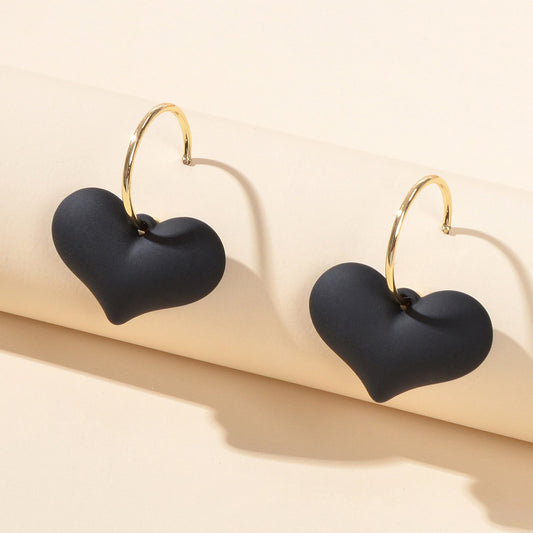 Perfect Red Black Heart Charm Dangle Hoop Pierced Hypoallergenic Women Earrings