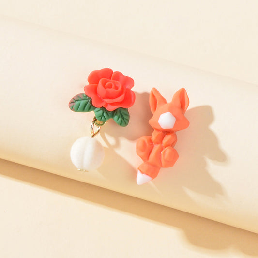 Funny Gift Asymmetrical 3D Cartoon Carved Red Rose Orange Fox Stud Earrings Gift