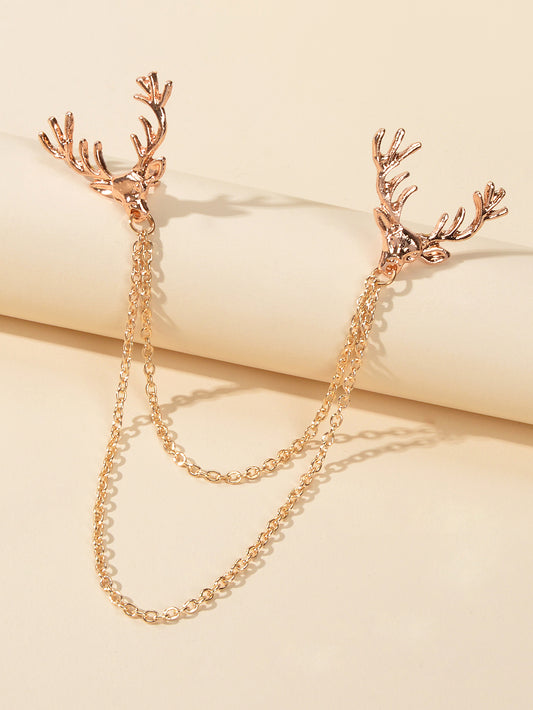 Christmas Reindeer Pin Badge with Chain Brooch Buckle Collar Deer Head Lapel Pin