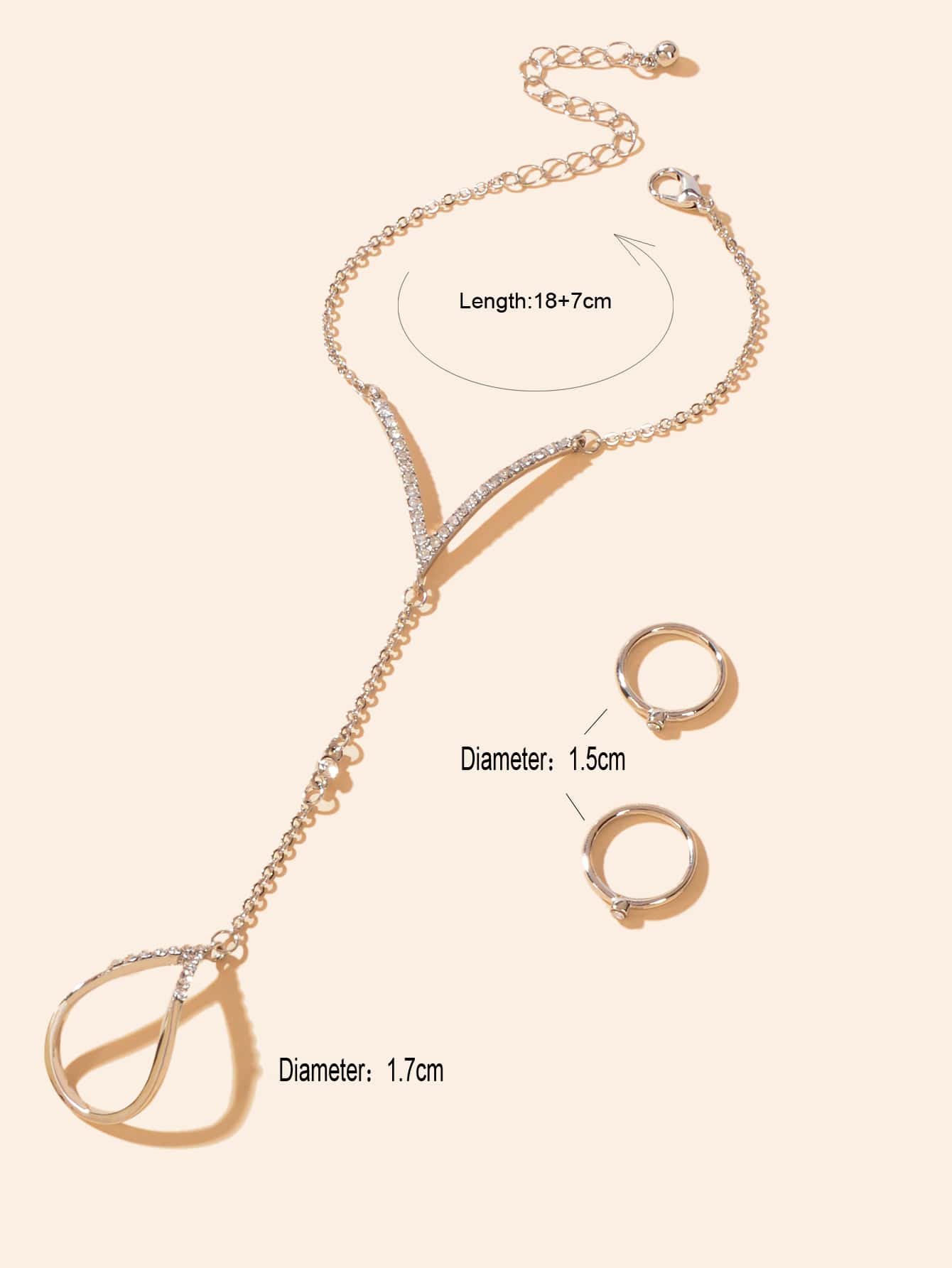 Jewellery set Rhinestone Decor Gold Chain Slave Bracelet and 2 pcs Knuckle Ring