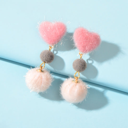 Colorful Faux Fur Ball Pom Pom Heart Dangle Earrings Gift for Christmas New Year