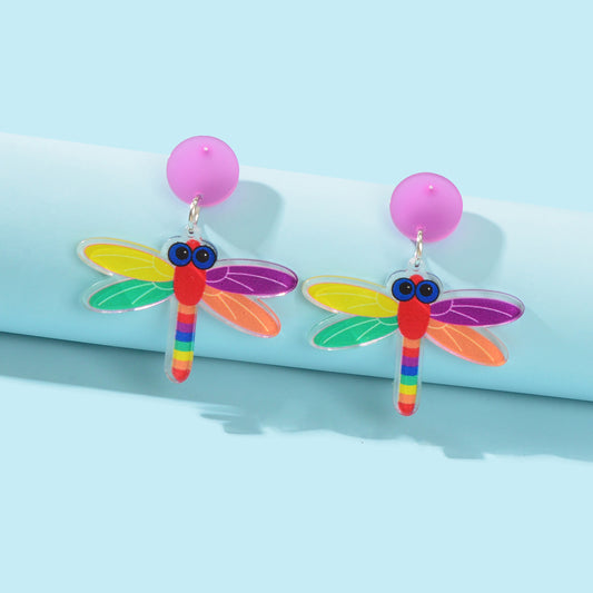 Candy Color Acrylic Colorful Dragonfly Resin Dangle Pierced Cute Insect Earrings