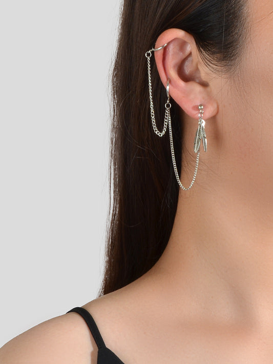 Cartilage Jewellery 1pc Tribal Antique Feather Long Chain Ear Cuff Stud Earrings