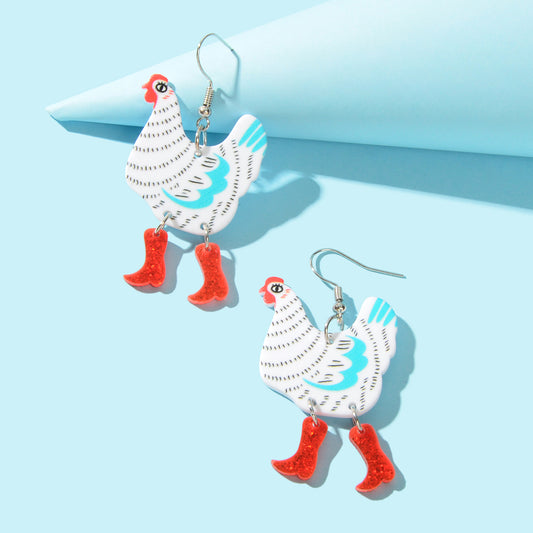 Lovely Cartoon Design Acrylic Hen with Boots Chicken Dangle Earrings Women Party