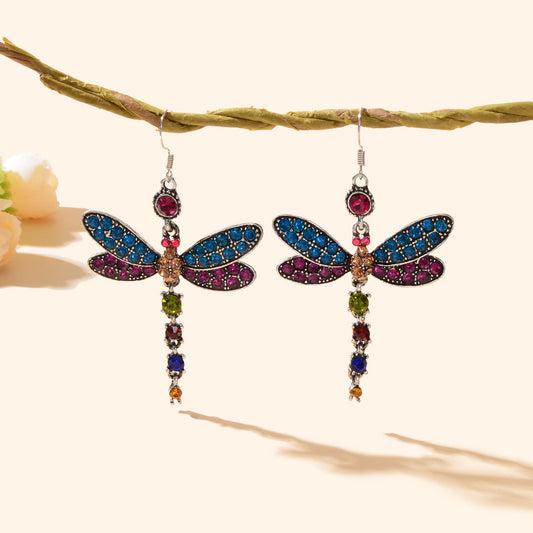 Luxury Jewellery Colorful Rhinestone Dragonfly Long Pendant Dangle Gift Earrings