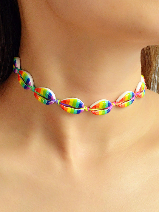 Boho Beach Jewelry Candy Color Enamel Shell Adjustable Braided Holiday Necklace