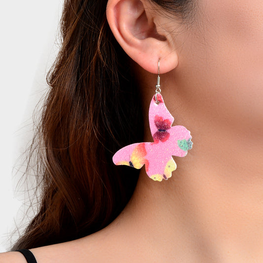 Pink Green Lightweight Pu Leather Butterfly Dangle Earrings Beautiful Accessory