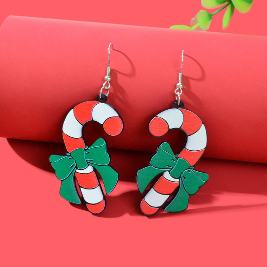 Christmas Festival Accessories Candy Cane with Bowknot Dangle Earrings for Women