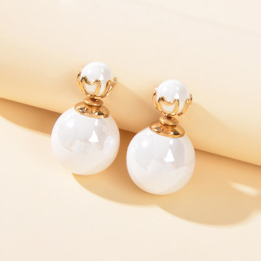 Elegant Jewellery White Beaded Double Ball Ear Jacket Front Back Stud Earrings