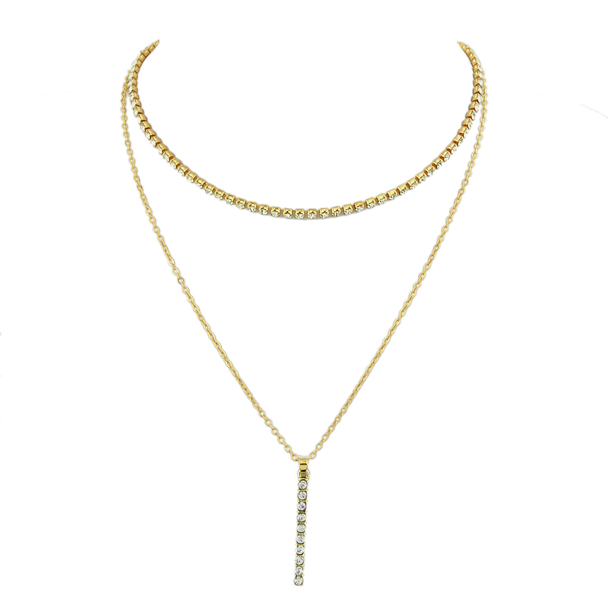 Trendy Shining Full Rhinestone Gold Silver Double layer Chain Bar Charm Necklace