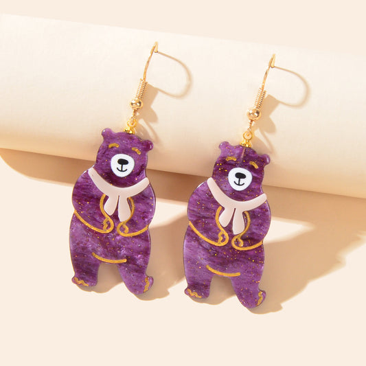 Funny Cartoon Acrylic Lightweight Purple Bear Creative Drop Gift Resin Earrings