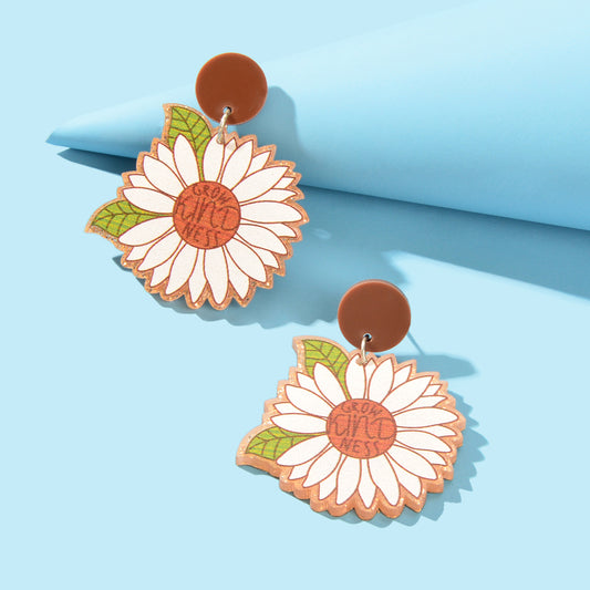 Brown Acrylic White Sunflower Earrings Girl Daisy Stud Festival Celebration Gift