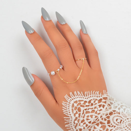Pearl Punk Stackable Knuckle Chain Tassel Double Finger Midi Rings