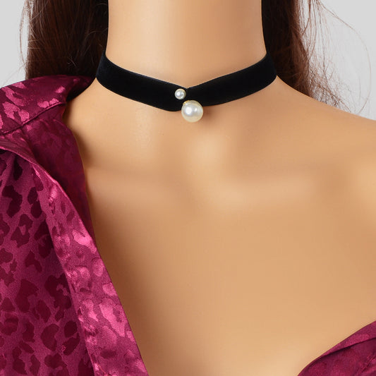 Retro Pearl Decor Black Velvet Short Tattoo Choker Collar Women Dinner Necklace