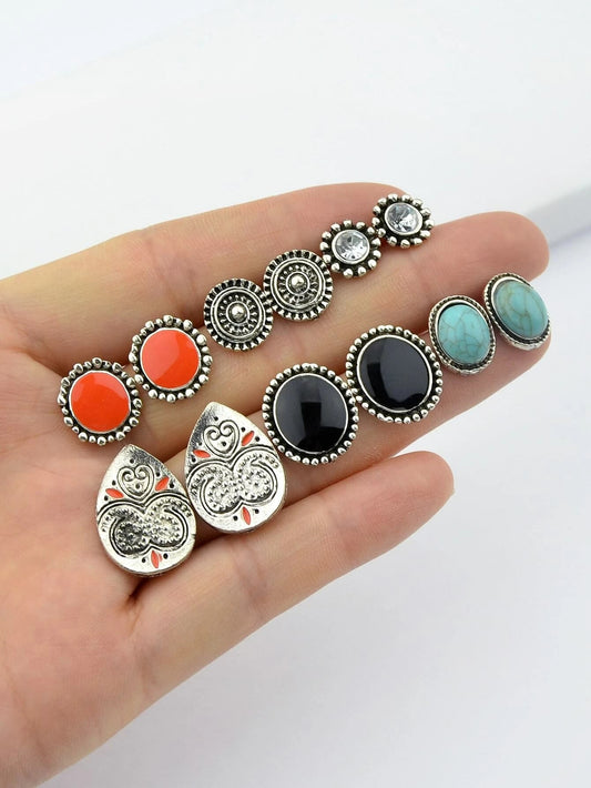 6 Pairs Designer Traditional Antique Silver Geometric Turquoise Stud Earrings