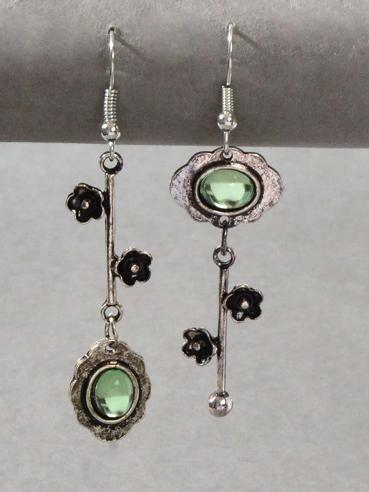 Green Blue Crystal Antique Silver Retro Flower Asymmetric Earrings Vintage Gift
