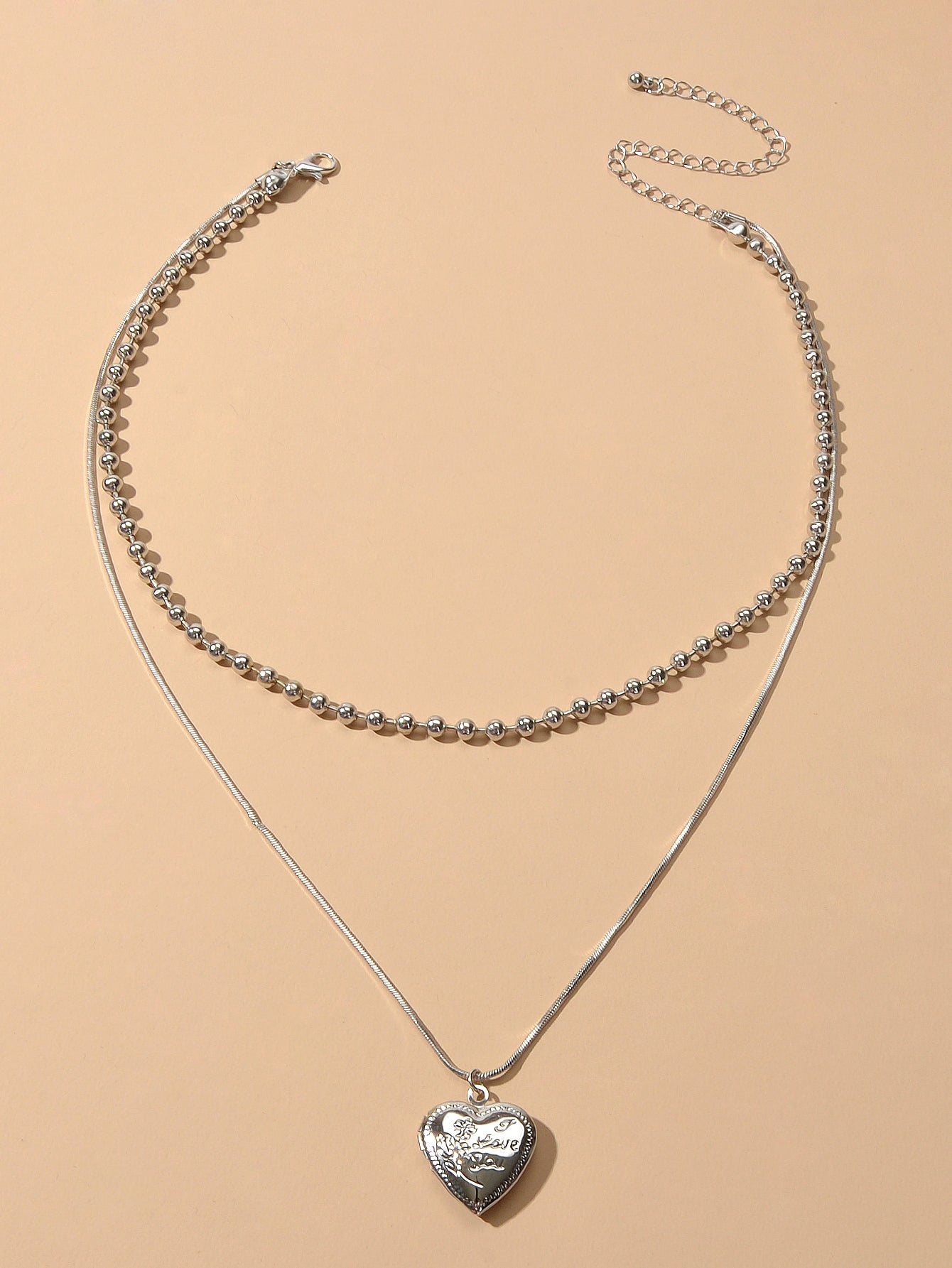 Female Jewellery Double layer Silver Multiple Popcorn Chain Heart Charm Necklace