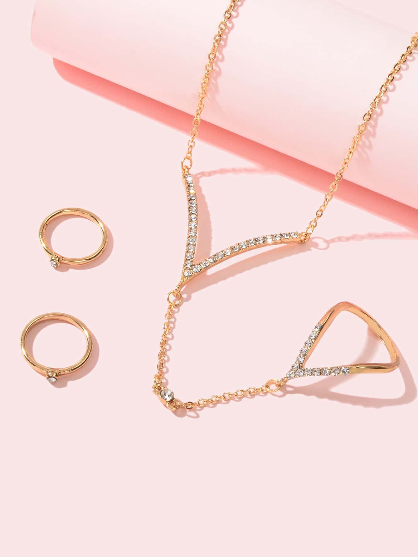 Jewellery set Rhinestone Decor Gold Chain Slave Bracelet and 2 pcs Knuckle Ring