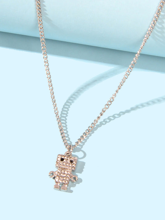 Personality Creative Silver Chain Rhinestone Decoration Robot Pendant Necklace
