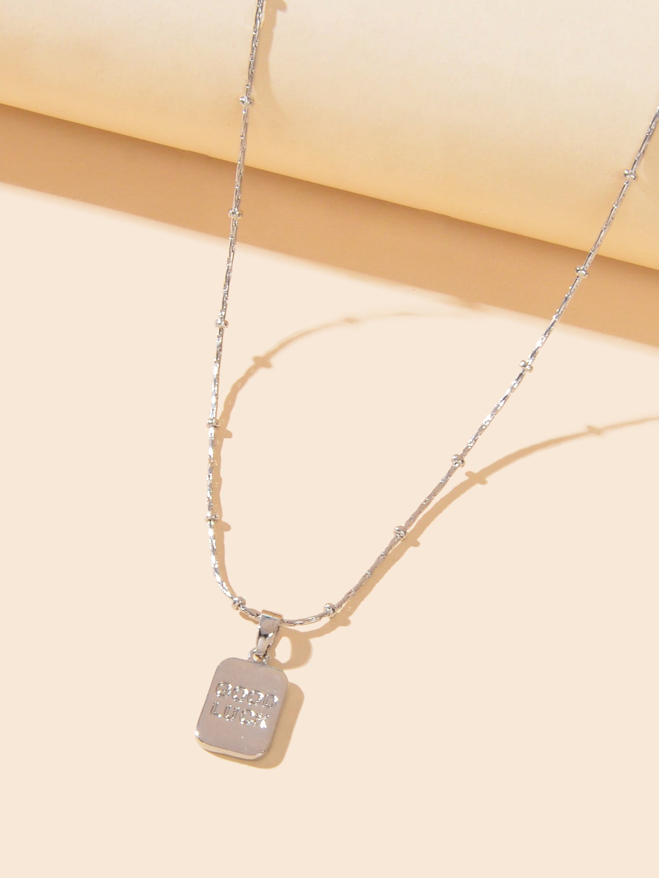 Minimalist Silver Chain Good Luck Letter Square Pendant Necklace Daily Jewellery