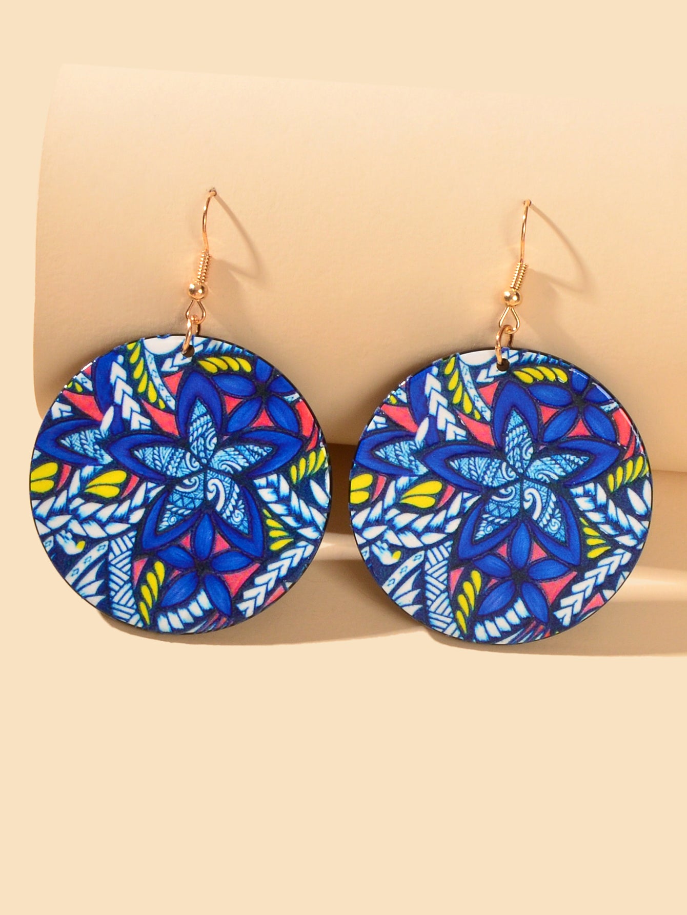 Vacation Jewellery Bohemia Chic Style Blue Flower Pattern Acrylic Round Earrings