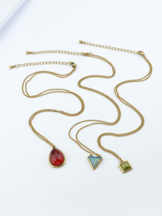Bohemian Jewelry 3pcs Gold Chain Resin Square Triangle Water Drop Charm Necklace