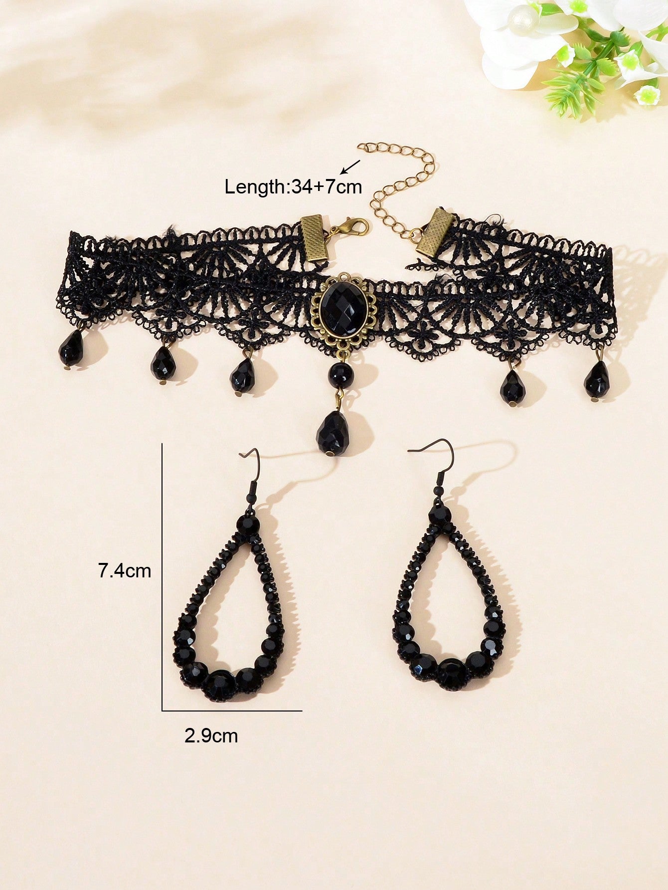 Black Beaded Pendant Lace Choker Necklace Teardrop Earrings Elegant Jewelry Set