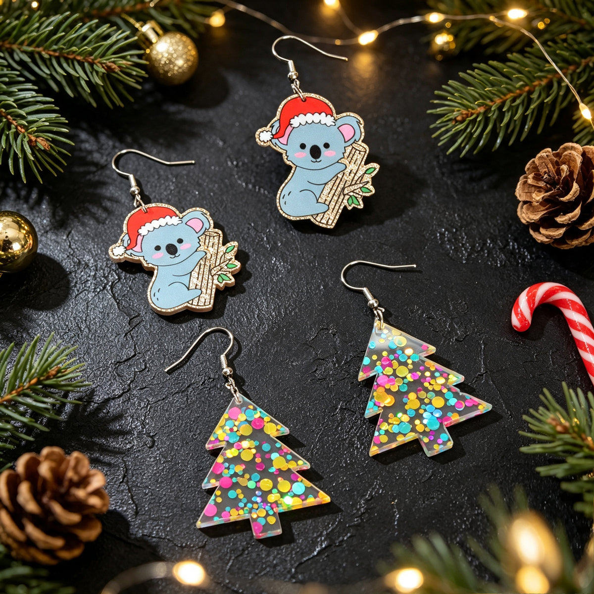 2 pairs Christmas Festival Jewelry Sequin Decor Acrylic Tree Koala Earrings set