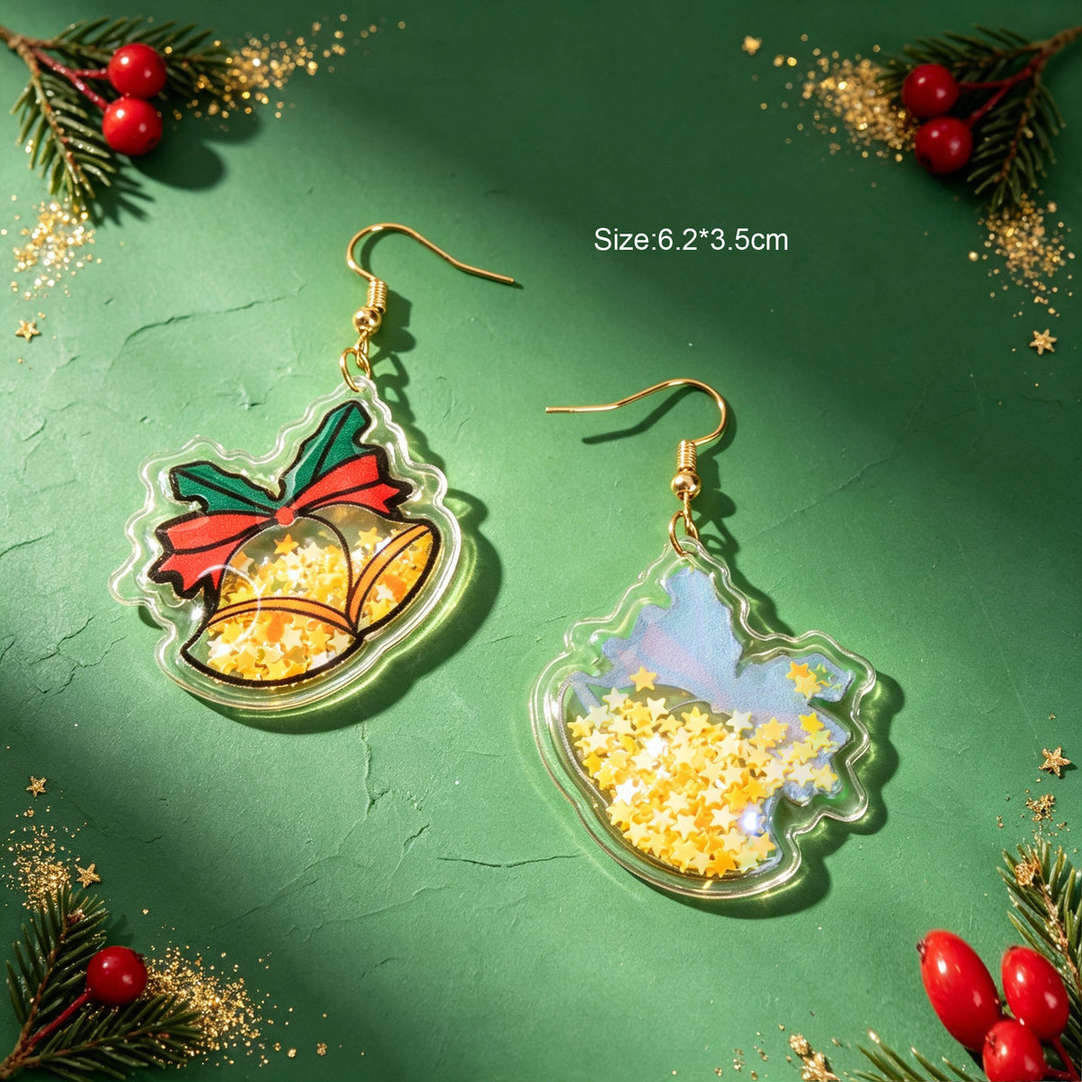 Glitter Christmas Bell Acrylic Dangle Earrings Star Bow Decor Cute Festive Gathering Jewelry Gift
