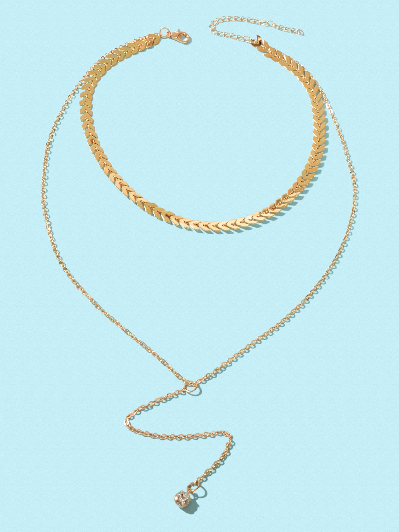 Double layer Chain Dangling Rhinestone Pendant Lariat Necklace Female Jewellery