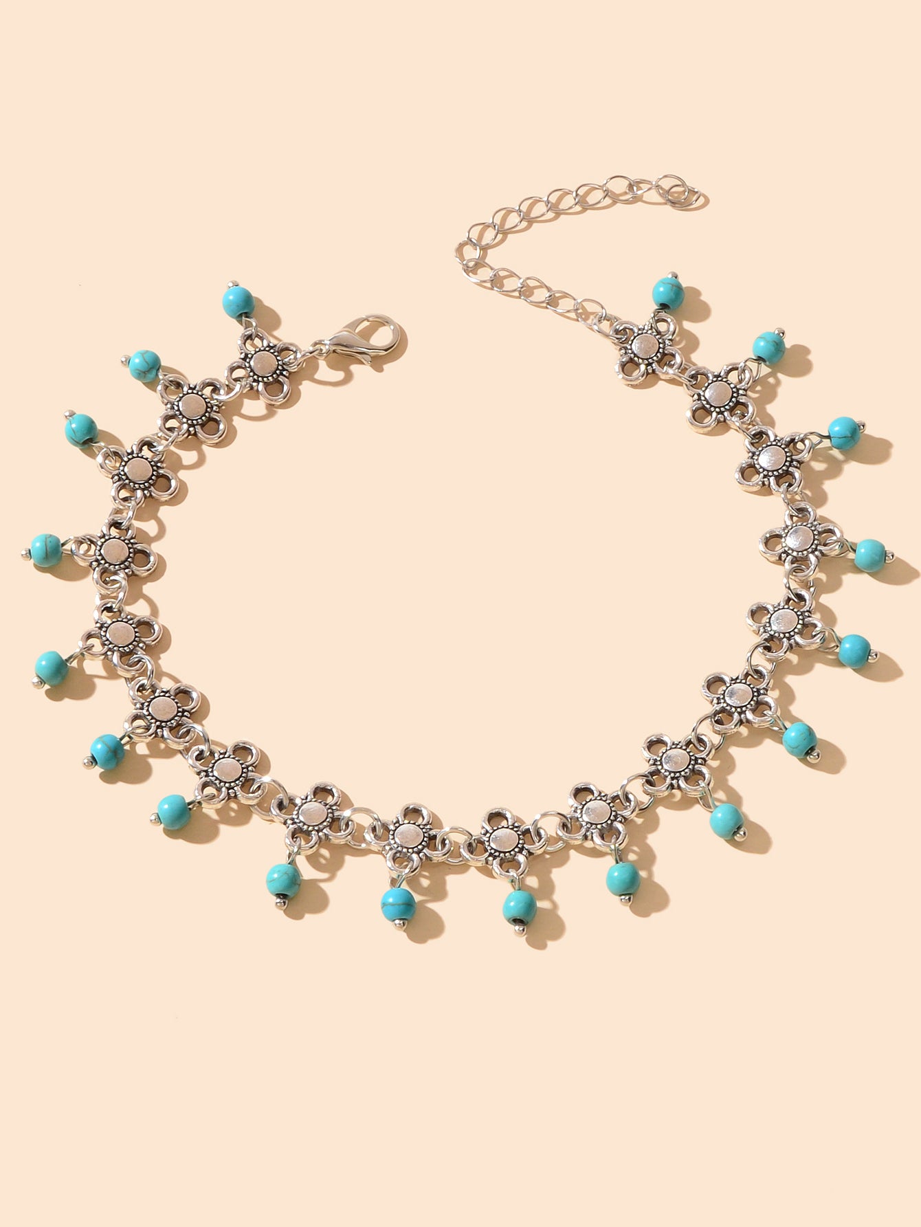 Ethnic Boho Chic Antique Silver Flower Turquoise Charm Beach Anklet Foot Jewelry
