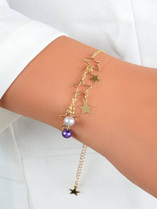 Gold Chain White Purple Beads Star Charm Trendy Bracelet Teen Ladies Jewellery